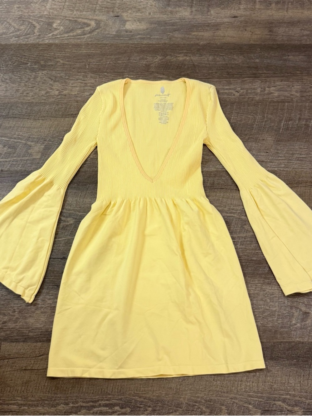 FP Movement by Free People Yellow Ribbed Deep V Bell Sleeve Top